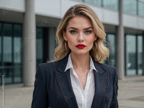 Confident businesswoman in dark blazer and white shirt standing outside a modern office building photo