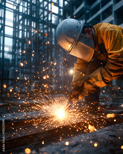 worker while doing a welding with arc welder welding or welding Sparks for background, Backdrop and manufacturing.