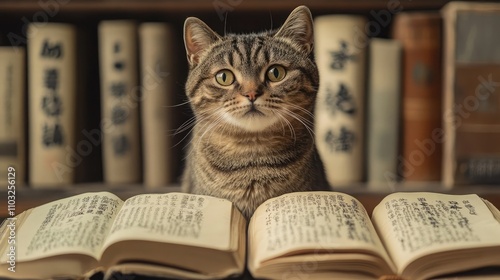 Puzzled cat looking at multiple books, symbolizing curiosity and education concepts