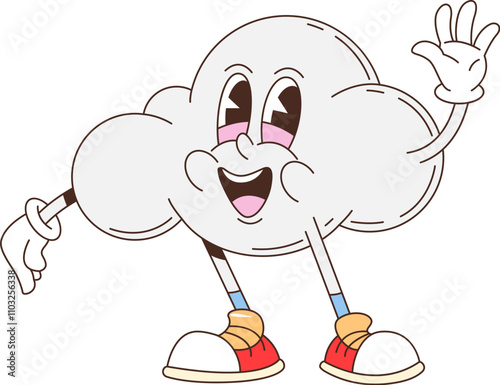 Cartoon retro groovy cloud character with funny funky face for emoji, vector 70s hippie comic. Groovy retro cartoon cloud character with happy Hi Hello gesture in hipster boots for weather emoticon