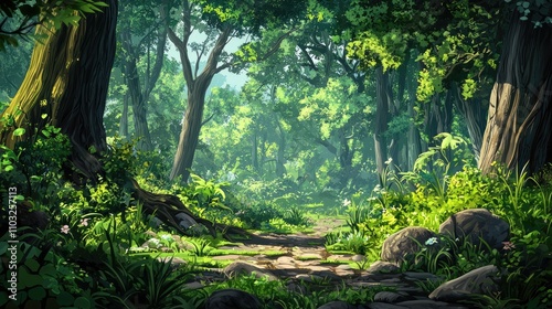 A path through a lush green forest with sunlight filtering through the leaves.