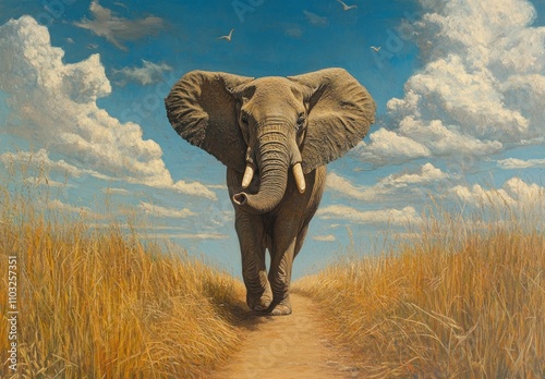 Here's a description and keywords for the image.. Majestic elephant walking towards the viewer on a dirt path through tall grass under a vibrant blue sky with fluffy clouds and birds. photo