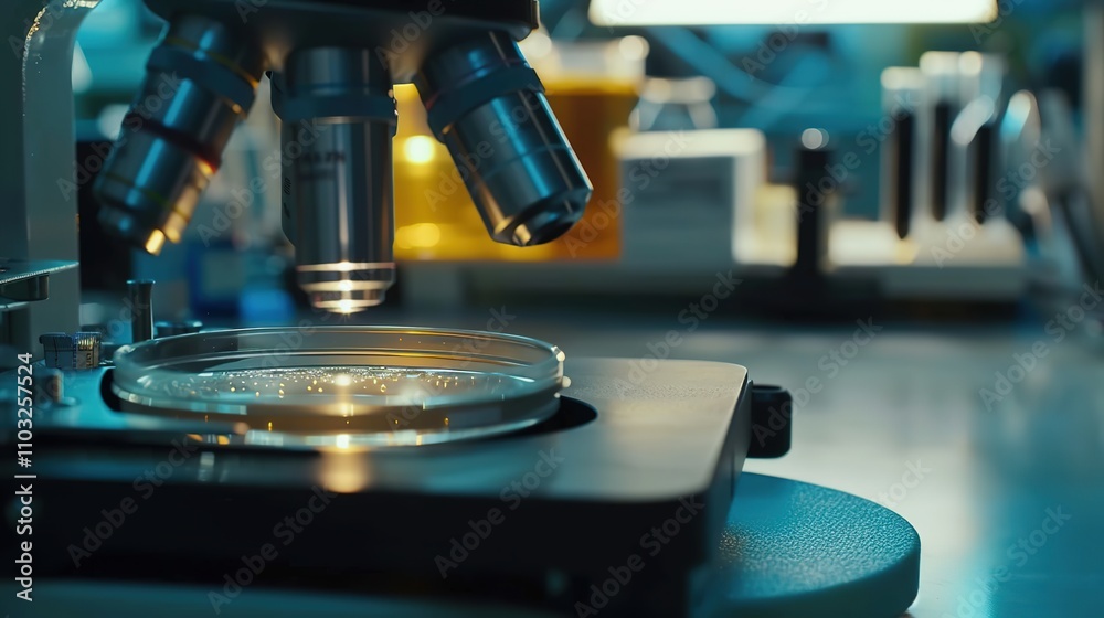 Close-up of petri dish with stem cells under microscope, symbolizing medical research and healing potential, surrounded by scientific equipment and lab tools.
Close-up of petri dish with stem cells under microscope, symbolizing medical research and healing potential, surrounded by scientific equipment and lab tools.