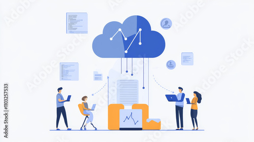 Cloud storage communication with computer, laptop, tablet and smartphone in home or work network. Online devices upload, download information, data in database on cloud services. Isometric concept.