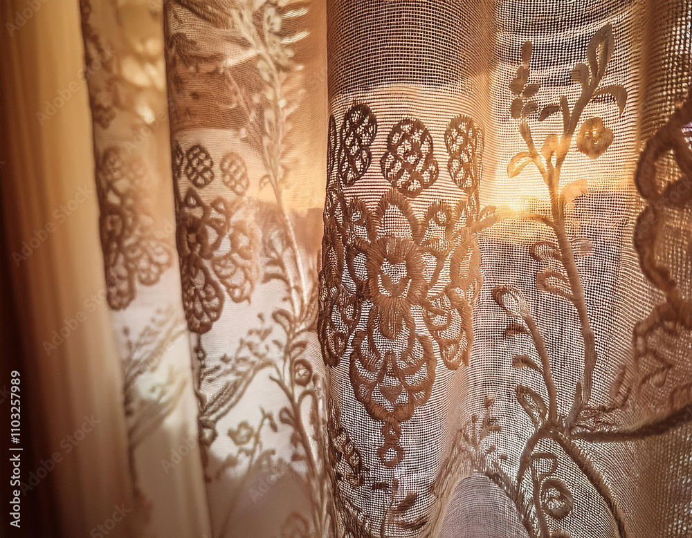 Close-Up of a Lace Curtain with Delicate Patterns and Light Filtering Effect Close-Up of a Lace Curtain with Delicate Patterns and Light Filtering Effect