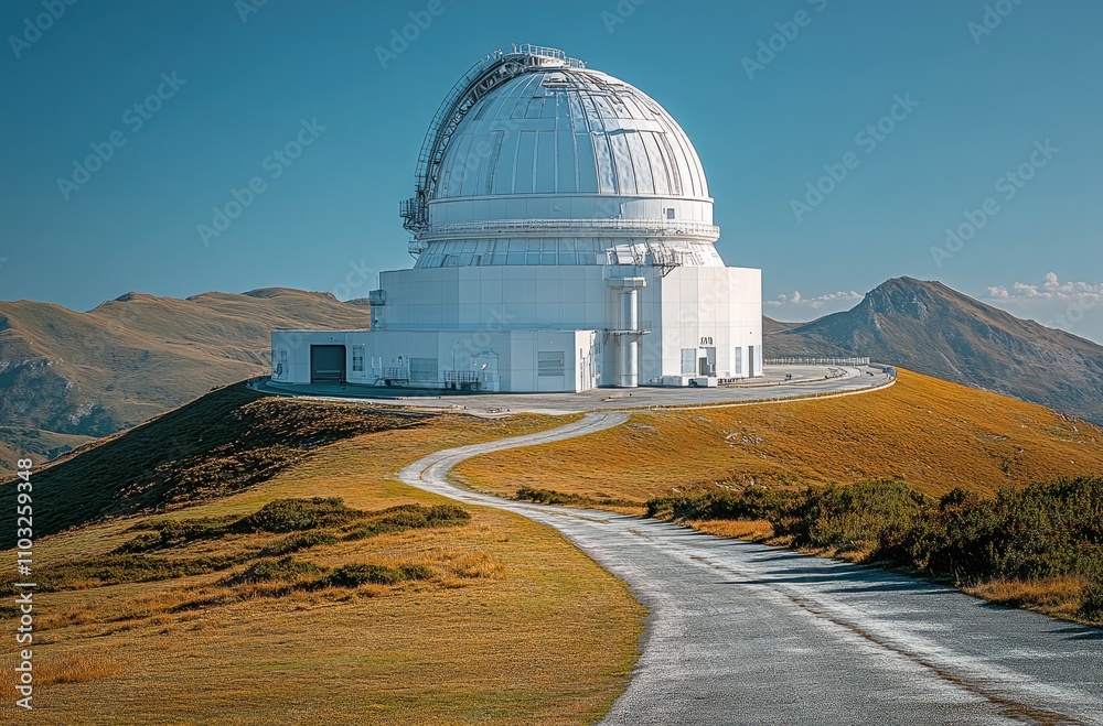 Fototapeta premium A large observatory dome situated on a grassy hill under a clear blue sky.