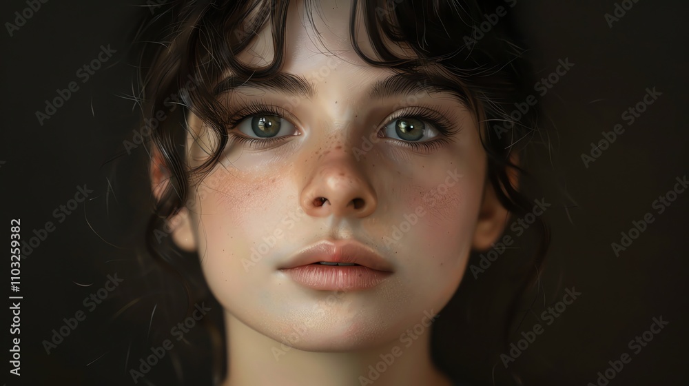 A close-up portrait of a young woman with green eyes. A close-up portrait of a young woman with green eyes.