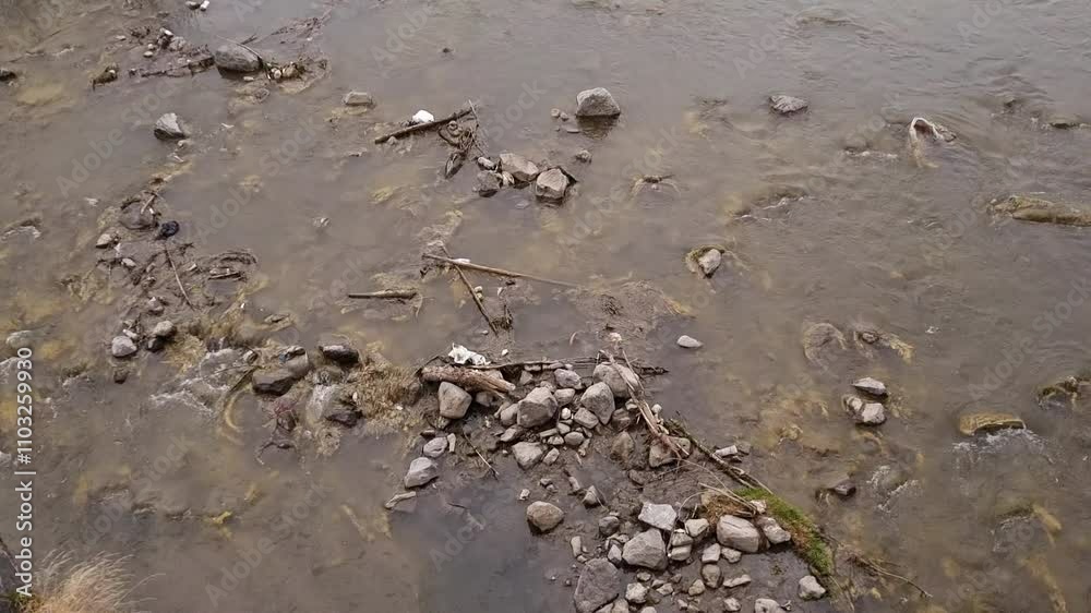 Top down view of lake flowing in Kars, Turkey, drone footage Top down view of lake flowing in Kars, Turkey, drone footage