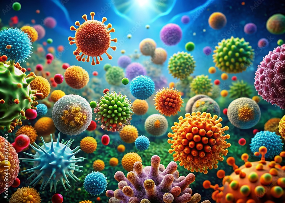 3D Illustration of Virus and Bacteria Concepts - Macro View of Microbial Life Forms in a Scientific Environment, Depicting Infection, Transmission, and Immune Response Dynamics 3D Illustration of Virus and Bacteria Concepts - Macro View of Microbial Life Forms in a Scientific Environment, Depicting Infection, Transmission, and Immune Response Dynamics