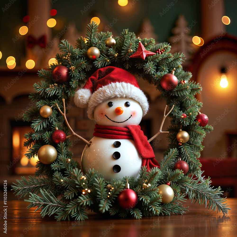 A holiday scene with a charming snowman wearing a red Santa hat, sitting inside a Christmas wreath. The wreath is decorated with green branches, gold accents, and red and gold Christmas stars. The bac A holiday scene with a charming snowman wearing a red Santa hat, sitting inside a Christmas wreath. The wreath is decorated with green branches, gold accents, and red and gold Christmas stars. The bac
