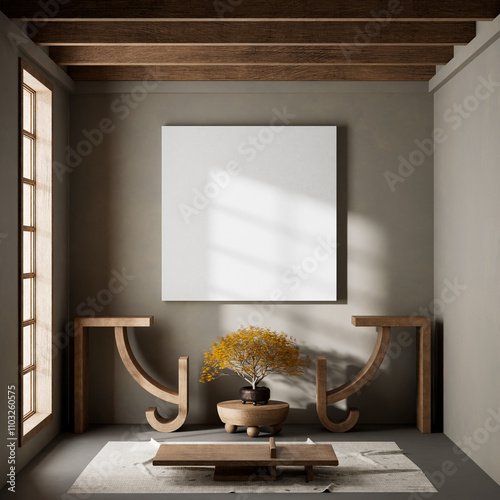 Japanese style interior design with wooden furnitures and raw materials. Mocuk up poster frame in  Japandi style interior. 3D illustration photo