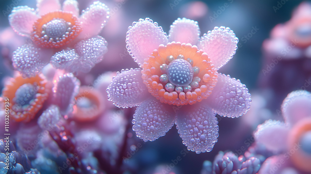 Digital Art. Dew-Kissed Alien Flora Blooms Digital Art. Dew-Kissed Alien Flora Blooms