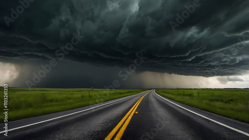 A long road with a yellow field in the background. The sky is dark and stormy. The road is empty