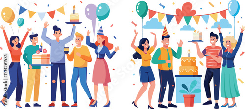 happy people celebrating birthday party vector with cake