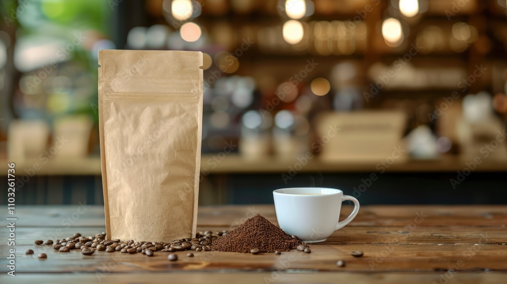 Craft paper zip bag with coffee beans, coffee cup and scattered beans on wooden background. Coffee advertising mockup, eco coffee packaging for design and logo application