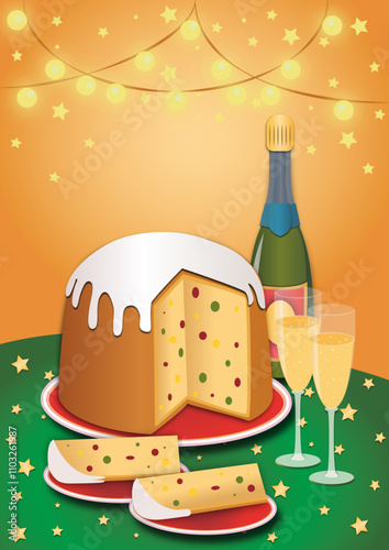 A festive illustration of table with a panettone and sparkling wine, framed by warm hues of gold, green, and red. Twinkling lights add a cozy, celebratory atmosphere.