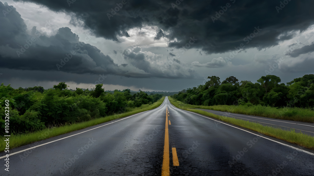 A long road with a yellow field in the background. The sky is dark and stormy. The road is empty A long road with a yellow field in the background. The sky is dark and stormy. The road is empty