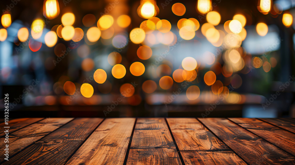 Wooden table in front of an abstract blurred restaurant lights background. Wooden table in front of an abstract blurred restaurant lights background.