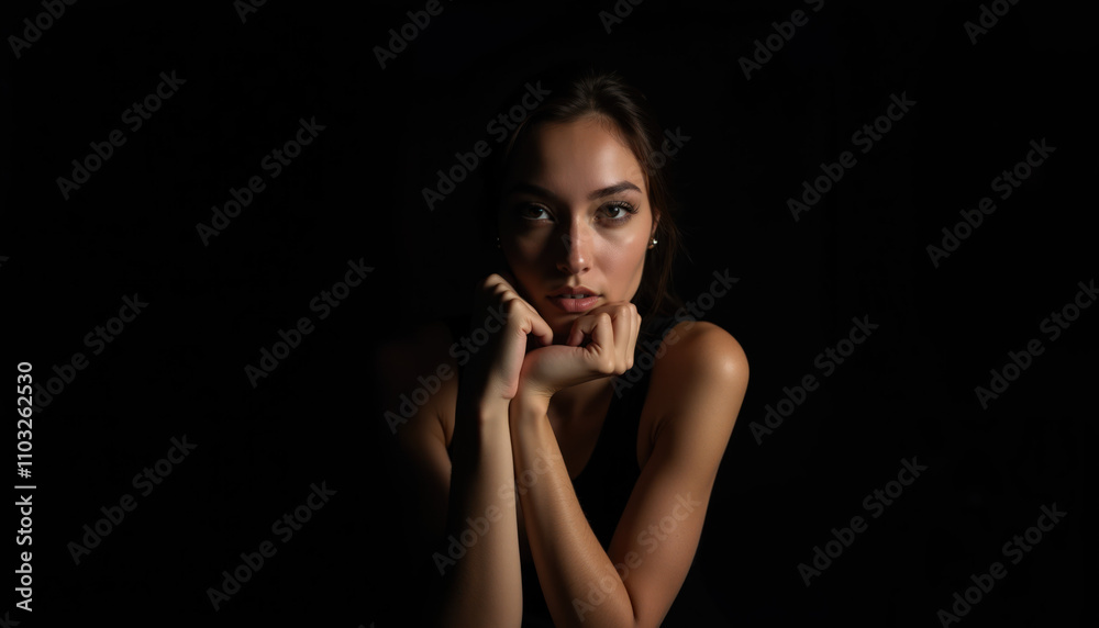 Artistic Portrait of a Woman in Dramatic Lighting, Highlighting Shadows and Soft Facial Details Against a Dark Background for a Mysterious and Expressive Aesthetic Artistic Portrait of a Woman in Dramatic Lighting, Highlighting Shadows and Soft Facial Details Against a Dark Background for a Mysterious and Expressive Aesthetic