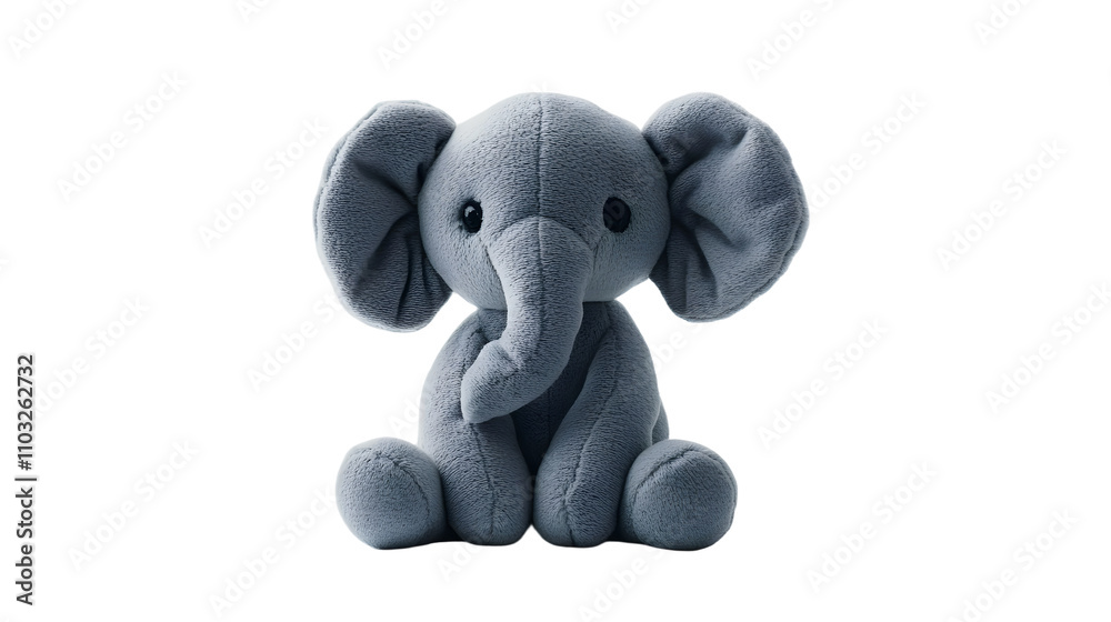A gray plush elephant toy sits on a white background.