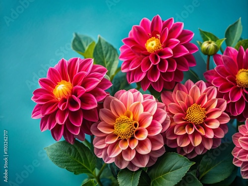 A Beautiful Composition of Reddish-Pink Flowers with Yellow Centers Surrounded by Lush Green Leaves on a Serene Blue Background Perfect for Nature-Themed Projects