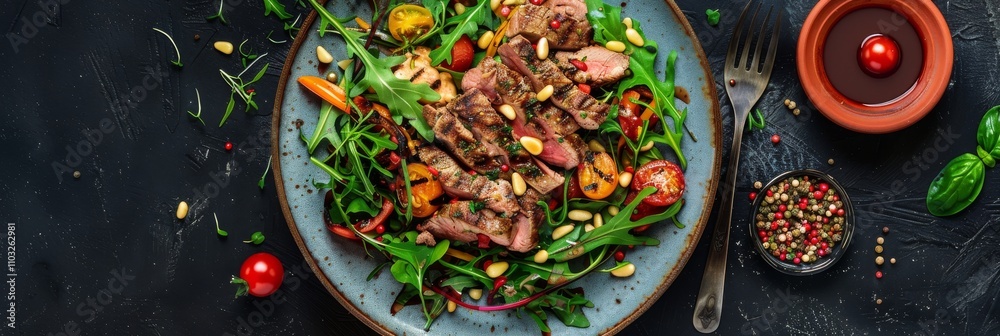 Roasted Meat, Greens, Pine Nuts and Brown Sause Top View. Exquisite Serving Dish of Barbecue Veal Roasted Meat, Greens, Pine Nuts and Brown Sause Top View. Exquisite Serving Dish of Barbecue Veal