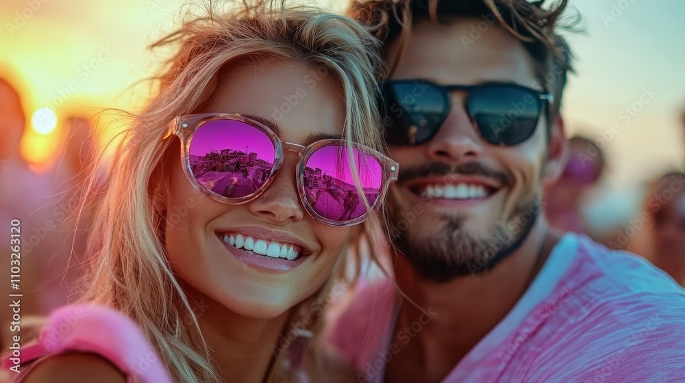 A joyful couple smiles brightly while wearing vibrant sunglasses during a sunset gathering, encapsulating happiness and togetherness in a lively atmosphere. A joyful couple smiles brightly while wearing vibrant sunglasses during a sunset gathering, encapsulating happiness and togetherness in a lively atmosphere.