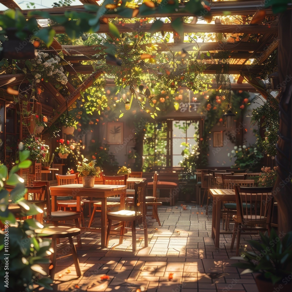An outdoor garden cafe with small wooden tables and chairs, surrounded by trees and flowers. Sunlight filters through the leaves, creating a peaceful atmosphere. An outdoor garden cafe with small wooden tables and chairs, surrounded by trees and flowers. Sunlight filters through the leaves, creating a peaceful atmosphere.