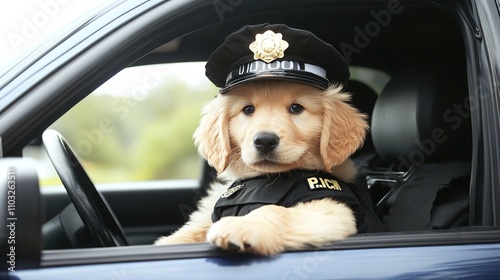 Doodle puppy dressed as a cop, driving a cop car, with a playful and adorable expression, showcasing a fun and humorous scene with bold lines and vibrant colors.