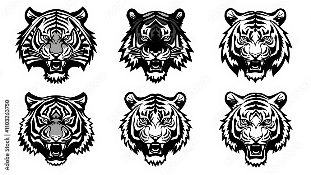 Obraz premium set of black and white tiger head image illustration 
