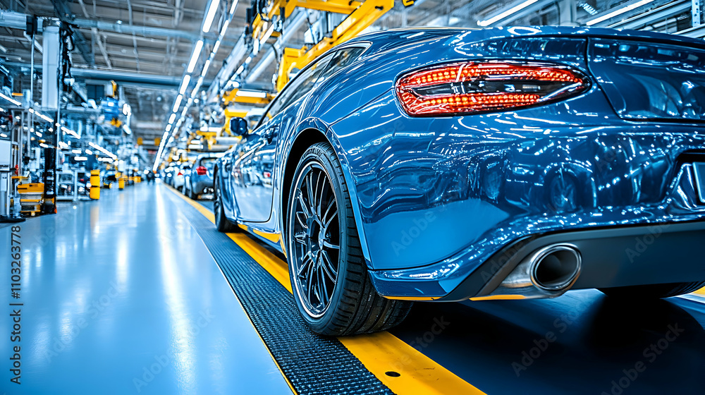 Fototapeta premium Blue Sports Car on Assembly Line in Factory