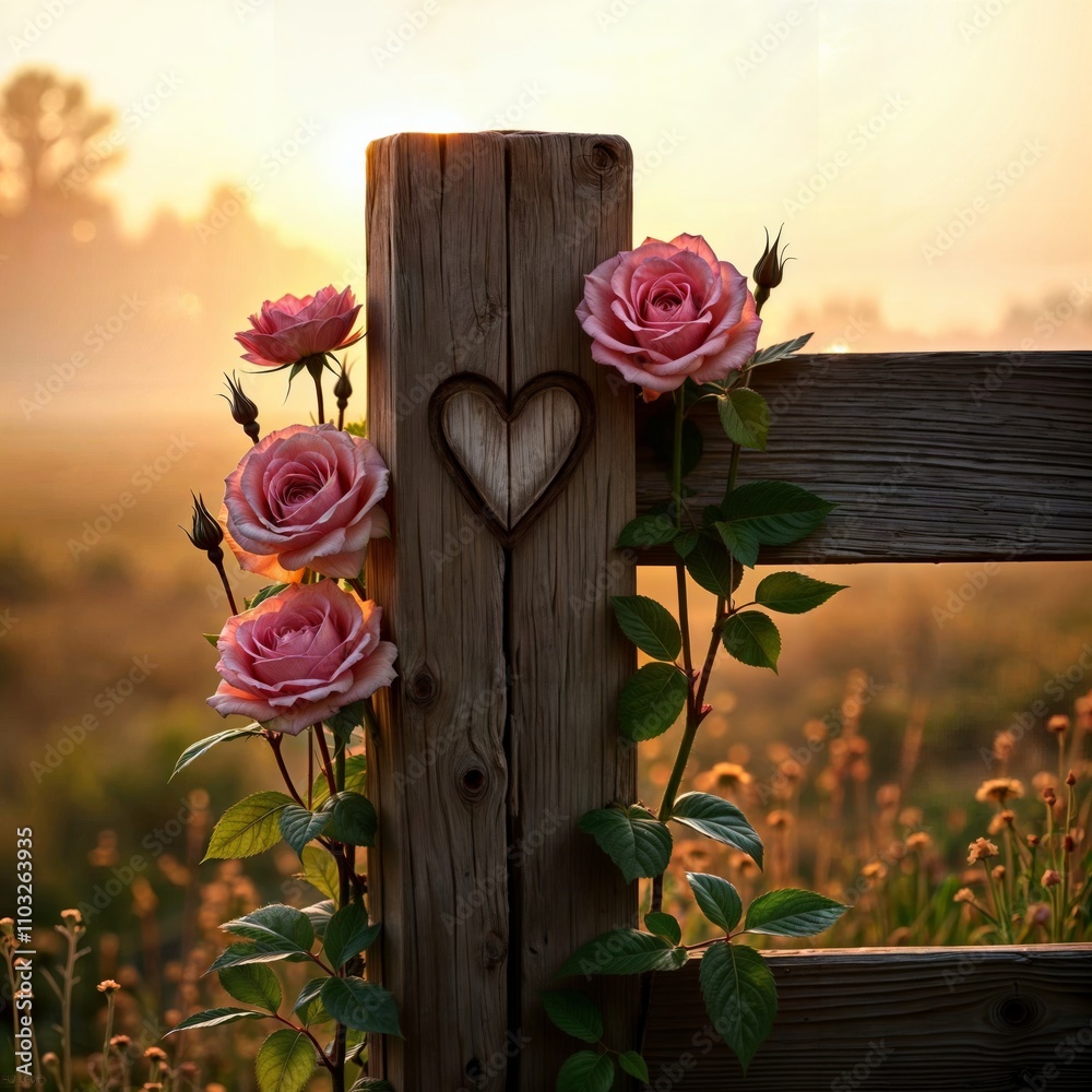 Valentine's Day Roses. Pink roses climbing a wooden fence with a heart carved into it, set against a warm, glowing sunset.