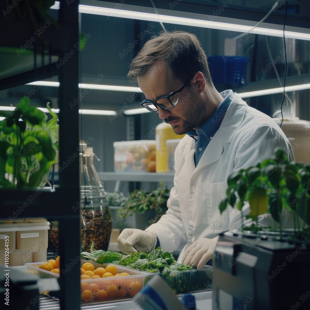 Researcher developing biodegradable packaging for fruits and vegetables, eco-friendly lab with natural materials, promoting sustainability in agriculture Researcher developing biodegradable packaging for fruits and vegetables, eco-friendly lab with natural materials, promoting sustainability in agriculture