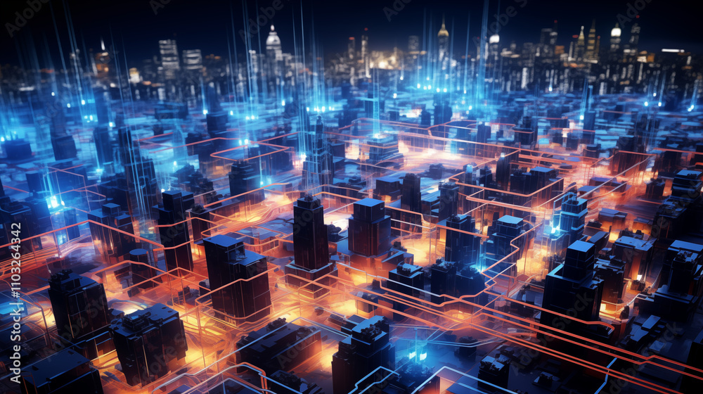 Fototapeta premium A vibrant, futuristic cityscape with glowing lines of light, representing connectivity and technology in a digital environment.