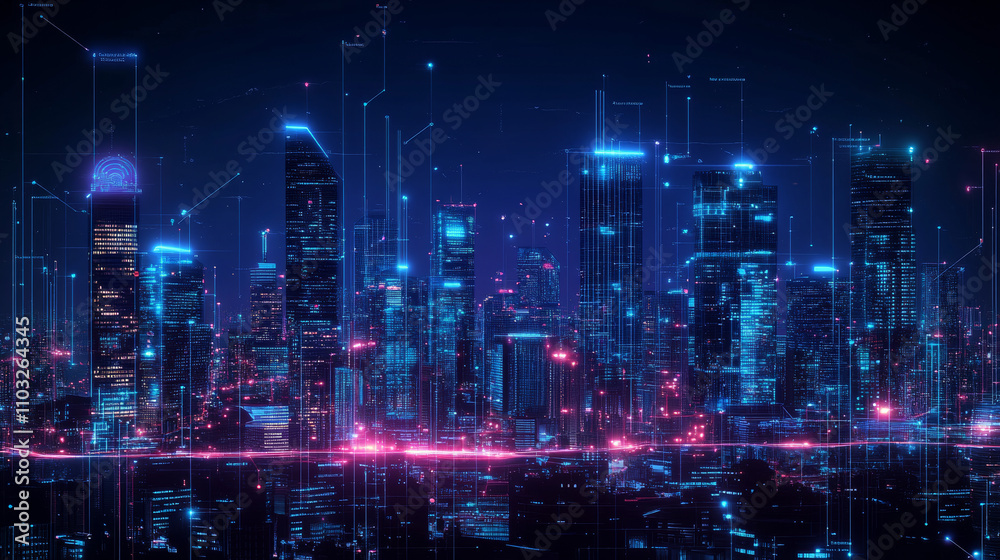 Fototapeta premium Smart city concept. AI controls Futuristic Smart city. Isometric Futuristic buildings inside chip with Ai or Artificial intelligence which effectively manages urban infrastructure. AI of Smart City.