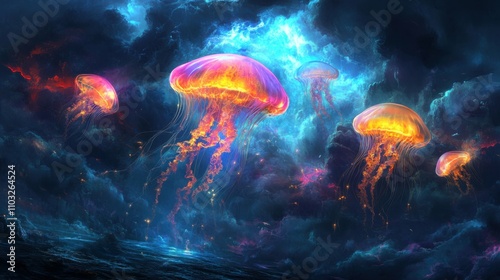 Glowing jellyfish floating in a dark sea, vibrant neon colors, mysterious and surreal atmosphere, ethereal and magical vibe