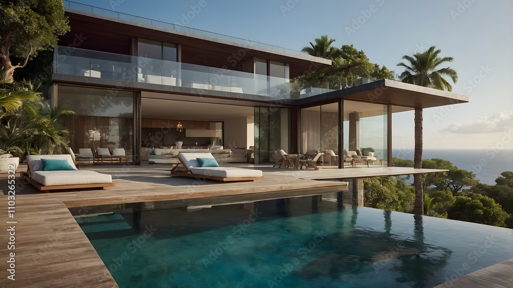 Seaside Bliss A villa terrace with sunbeds, an infinity pool, and amazing ocean views, perfect for relaxing and enjoying the beauty of the coast (AI GEN) Seaside Bliss A villa terrace with sunbeds, an infinity pool, and amazing ocean views, perfect for relaxing and enjoying the beauty of the coast (AI GEN)