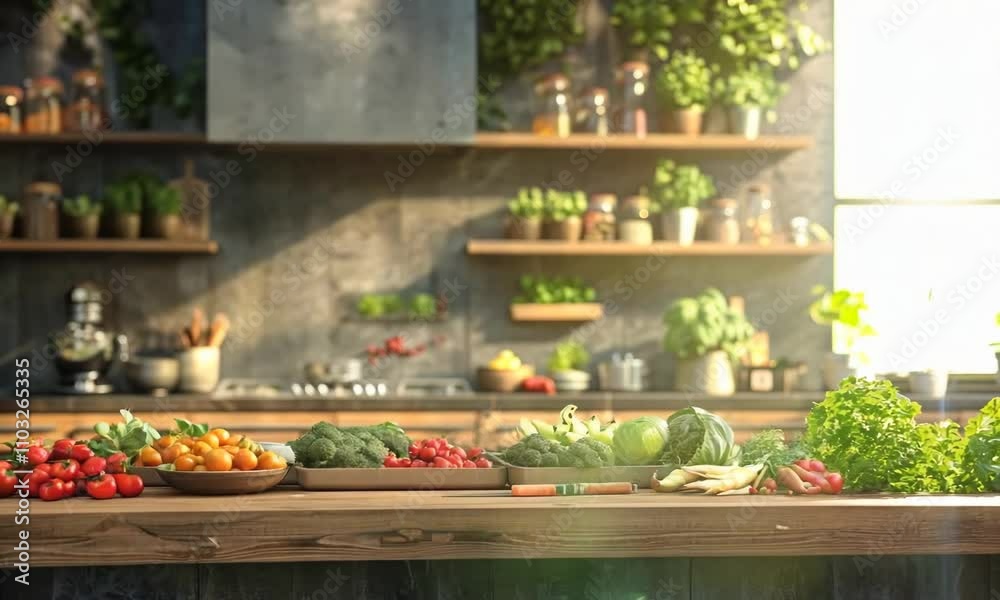 Kitchen island with ingredients for a family cooking session Kitchen island with ingredients for a family cooking session