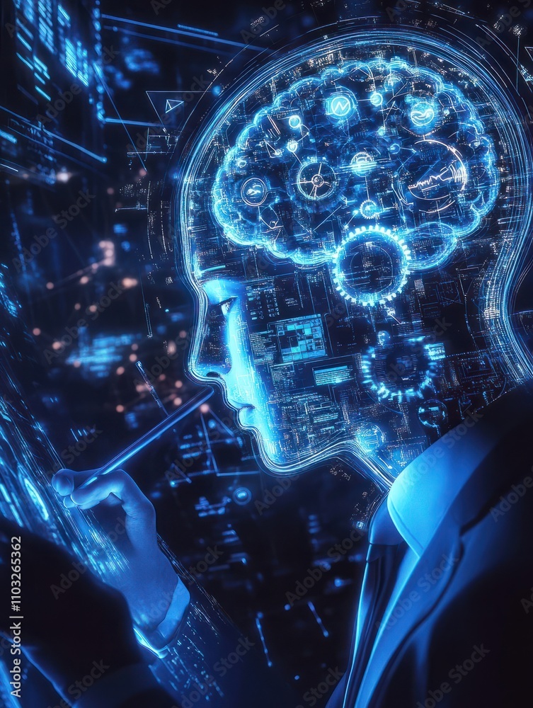 Artificial intelligence and machine learning concept with businessman writing on virtual board with human head silhouette and gears instead brain inside