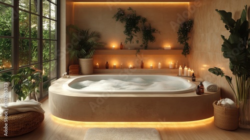Luxurious bathroom with modern fixtures, a soaking tub, and elegant marble finishes for a spa-like atmosphere