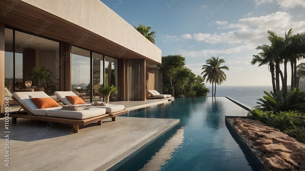 Seaside Bliss A villa terrace with sunbeds, an infinity pool, and amazing ocean views, perfect for relaxing and enjoying the beauty of the coast (AI GEN) Seaside Bliss A villa terrace with sunbeds, an infinity pool, and amazing ocean views, perfect for relaxing and enjoying the beauty of the coast (AI GEN)