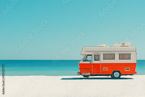 Retro Camper Van on Sandy Beach, Summer Vacation Idyll, Ocean View