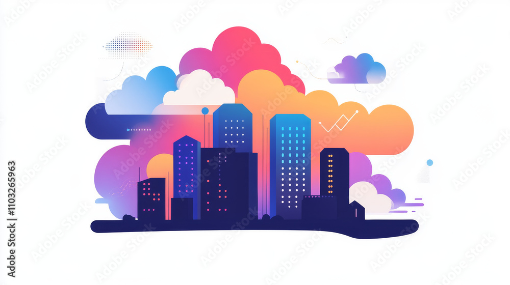 Fototapeta premium Cloud computing concept. Smart city wireless internet communication with cloud storage, cloud services. Download, upload data on server. Digital cloud over virtual Smart City on podium. Technology IOT