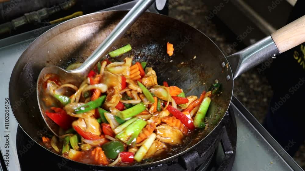 Stockholm, Sweden A cook makes a large Thai-spiced stir fry in a wok with chicken pieces and fresh vegetables. Stockholm, Sweden A cook makes a large Thai-spiced stir fry in a wok with chicken pieces and fresh vegetables.