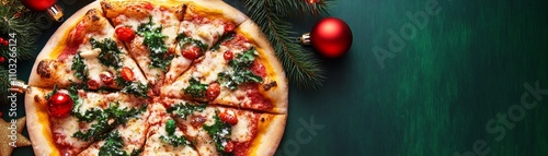 Festive Christmas Pizza with Red and Green Toppings Surrounded by Ornaments - Holiday Feast Delight