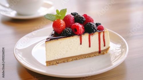 Indulge in a decadent berry cheesecake cozy kitchen food photography relaxing atmosphere close-up treat