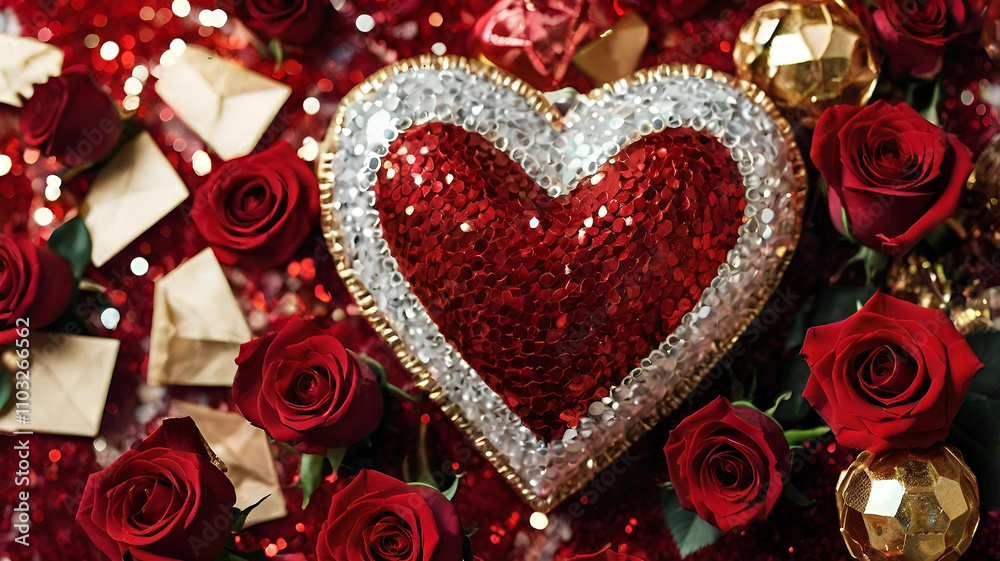 A banner for Valentine's Day. A red heart and roses with festive lights in the form of a side in the background. A mock-up of an invitation card for a Valentine's Day party, a place to copy. A banner for Valentine's Day. A red heart and roses with festive lights in the form of a side in the background. A mock-up of an invitation card for a Valentine's Day party, a place to copy.