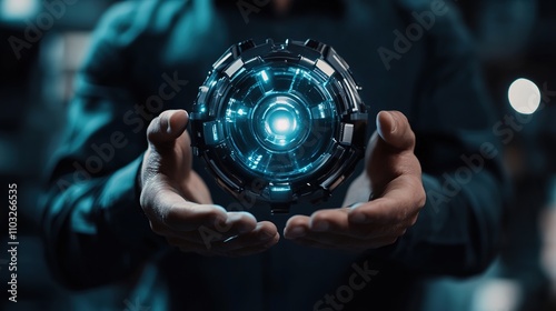 Man holding futuristic glowing device with intricate design