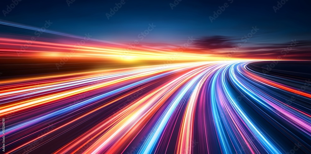 A vibrant light trail scene depicting speed and motion at sunset. A vibrant light trail scene depicting speed and motion at sunset.