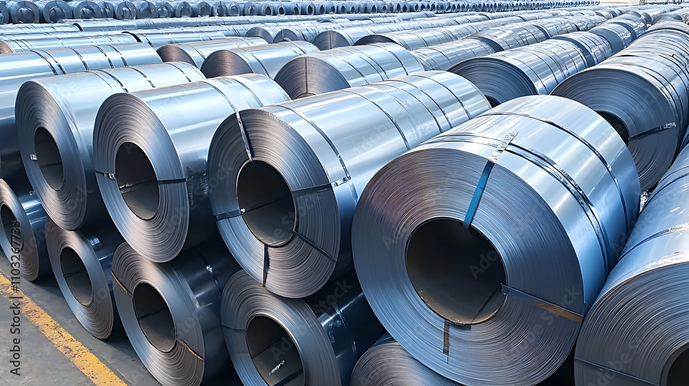 Steel Coil Stockpile, Rows of Metal Coils in a Warehouse Steel Coil Stockpile, Rows of Metal Coils in a Warehouse